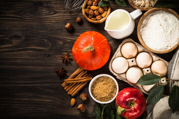 Fall baking ingredients on kitchen table.