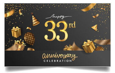 Fototapeta na wymiar 33rd years anniversary design for greeting cards and invitation, with balloon, confetti and gift box, elegant design with gold and dark color, design template for birthday celebration.