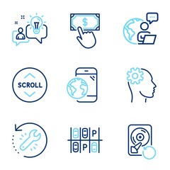 Fototapeta premium Technology icons set. Included icon as Parking place, Payment click, Recovery hdd signs. Scroll down, Mobile internet, Engineering symbols. Recovery tool, Idea line icons. Line icons set. Vector