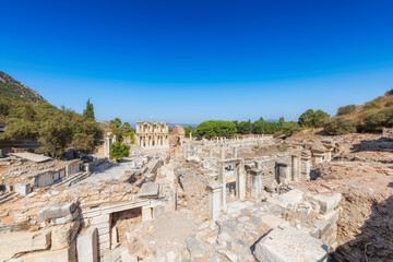 Fototapeta na wymiar Celsius Library in ancient city Ephesus (Efes). Most visited ancient city in Turkey. Selcuk, Izmir, Turkey. 