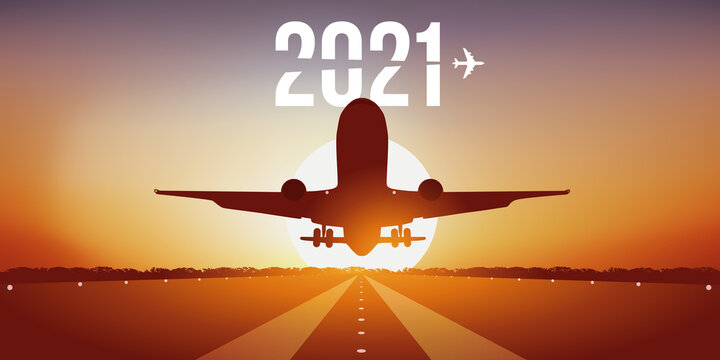 Carte de vœux 2021 pour les compagnies aériennes, montrant un avion prenant son envol, en décollant de la piste d’un aéroport devant un coucher de soleil.
