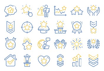 Ranking line icons. First place, star rating and winner medal. Shoulder strap, army achievement and victory ribbon icons. Star ranking, champion and winner trophy. Best level. Line icon set. Vector