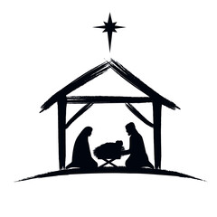 Nativity scene silhouette banner design with manger cradle for baby Jesus, holiday Holly Night. Vector illustration for Christmas cut file scrapbook - obrazy, fototapety, plakaty