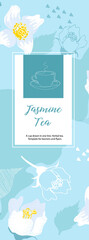 Blue background with jasmine leaves and flowers. Tea with jasmine.