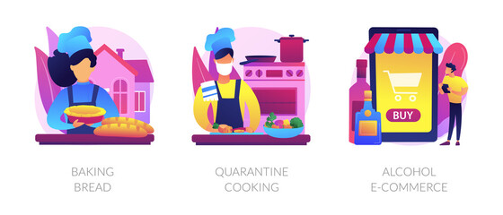 Homemade food and delivery abstract concept vector illustration set. Baking bread, quarantine cooking, alcohol e-commerce, family recipe, baking yeast, online grocery and wine abstract metaphor.