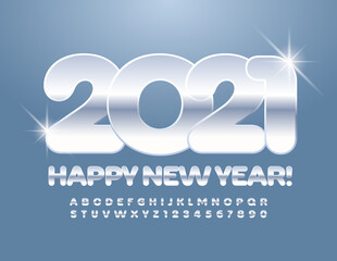 Vector silver greeting card Happy New Year 2021! Creative stylish Font. Chic Alphabet Letters and Numbers set