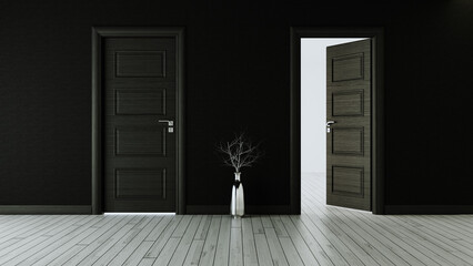 Black wall with black opened door and closed door realistic 3D rendering