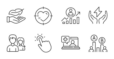 Couple, Touchpoint and Heart target line icons set. Career ladder, Medical help and Safe energy signs. Ab testing, Lightweight symbols. Male and female, Touch technology, Love aim. Vector