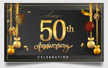50th years anniversary design for greeting cards and invitation, with balloon, confetti and gift box, elegant design with gold and dark color, design template for birthday celebration.