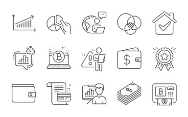 Bitcoin, Loyalty award and Statistics timer line icons set. Money wallet, Dollar and Chart signs. Pie chart, Dollar wallet and Presentation board symbols. Line icons set. Vector