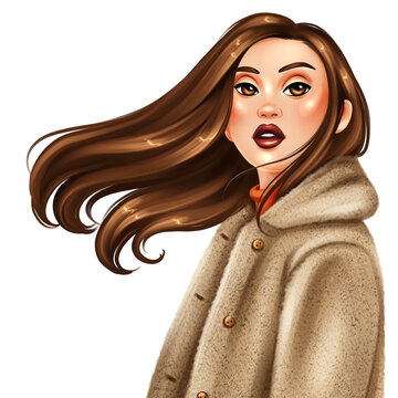 Beautiful girl with windy hair. Hand drawn fashion illustration