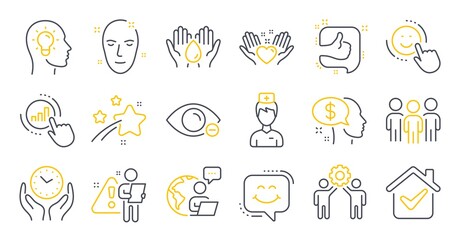 Set of People icons, such as Hold heart, Smile chat, Doctor symbols. Like, Health skin, Graph chart signs. Group, Pay, Employees teamwork. Idea head, Safe time, Safe water. Myopia, Smile. Vector