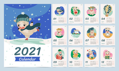 Calendar design with a cute and funny bull or ox in different situations. 2021. Planner design concept with twelve characters. Schedule. Set of 12 months. Vector.