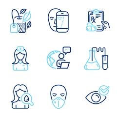 Healthcare icons set. Included icon as Mint bag, Face biometrics, Prescription drugs signs. Moisturizing cream, Check eye, Chemistry lab symbols. Medical mask, Hospital nurse line icons. Vector