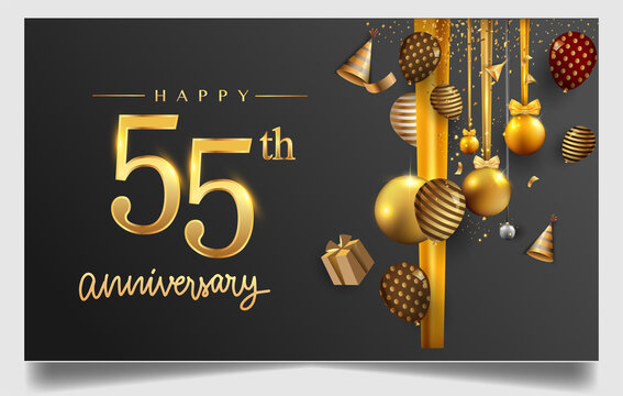 55th years anniversary design for greeting cards and invitation, with balloon, confetti and gift box, elegant design with gold and dark color, design template for birthday celebration