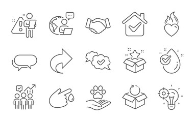 Return package, Seo idea and Heart flame line icons set. Loyalty program, Business statistics and Water drop signs. Share, Messenger and Blood donation symbols. Line icons set. Vector