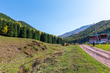 Autumn mountain landscape. green and yellow trees on the hillside. Forest in the mountains. Kyrgyzstan.