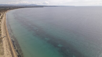 Drone photo over an amazing tropical beach in Epanomi, Chalkidiki, Greece
