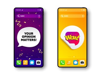 Wow chat bubble banner. Phone mockup vector confetti banner. Discount sticker shape. Sale coupon icon. Social story post template. Your opinion matters speech buuble. Cell phone frame banner. Vector