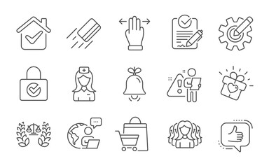 Fototapeta premium Hospital nurse, Rfp and Justice scales line icons set. Sale bags, Women group and Bell signs. Credit card, Love gift and Multitasking gesture symbols. Password encryption, Like and Cogwheel. Vector