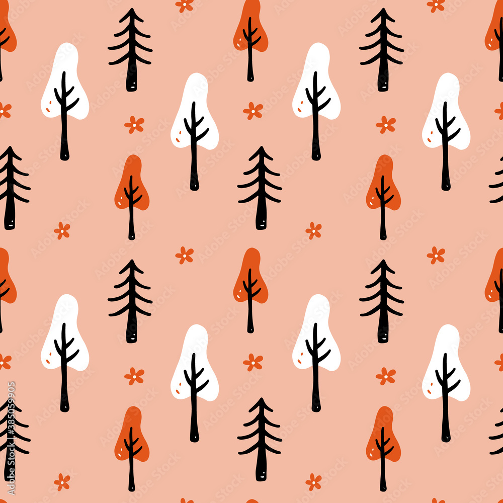Poster Set of hand drawn seamless pattern forest with tree and flower. Doodle style illustration.