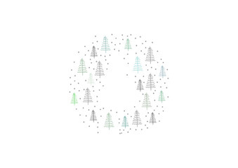 Creative hand drawn christmas trees, puristic black and green lines, shining bright white, arranged to an advent wreath, snowflakes, copy space, isolated for own background
