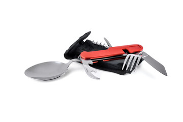Obraz premium Travel multi-tool with fork, spoon and can opener, multifunctional set, utility knife with travel and tourism accessories set, tourist spoon and fork