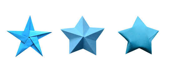 A blue origami star on wooden