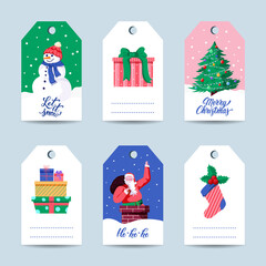 Set of colorful vector Christmas gift tags. Printable labels for Christmas and New Year. Cute cartoon decor for the present. 