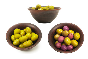 Olives in ceramic brown bowl isolated on white