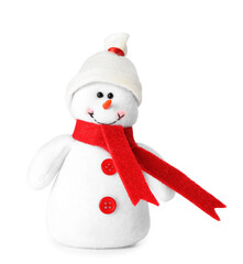 Cute small snowman toy isolated on white. Christmas decoration