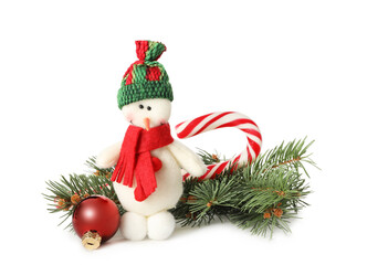 Obraz na płótnie Canvas Cute snowman and Christmas decoration on white background