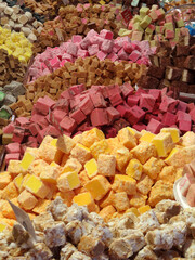 British handmade fudges with different flavors on a Christmas market stall in Manchester, UK.