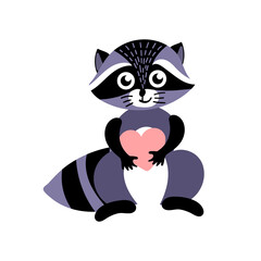 Cute cartoon raccoon with heart. Funny woodland animal isolated on white background. Vector illustration.