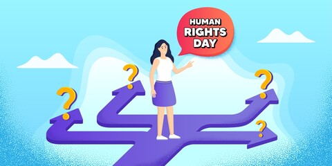 Human rights day message. Future path choice. Search career strategy path. Celebrate a civil day. International society freedom. Directions with question marks. Human rights day banner. Vector