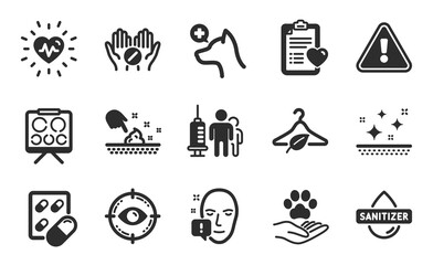 Slow fashion, Vision board and Face attention icons simple set. Eye target, Hand sanitizer and Capsule pill signs. Pets care, Medical tablet and Veterinary clinic symbols. Flat icons set. Vector