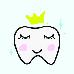 Tooth cute doodle healthy dental  icon crown logo sparkling shine sign symbol Hand drawn Abstract cartoon design style Fashion print clothes greeting invitation card banner education poster flyer