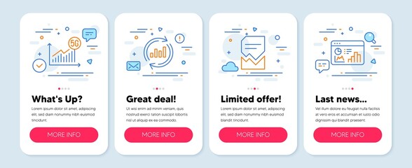 Set of Technology icons, such as 5g statistics, Update data, Corrupted file symbols. Mobile app mockup banners. Seo statistics line icons. Wifi chart, Sales chart, Damaged document. Vector