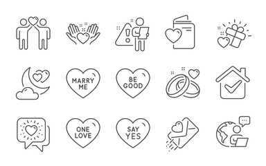Friends chat, Marry me and Friends couple line icons set. Hold heart, Love document and Say yes signs. Love letter, Marriage rings and Be good symbols. Friendship, Wedding. Love set. Vector