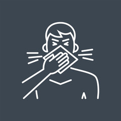 Cough related vector thin line icon. Man coughs at the bend of the elbow. Isolated on black background. Editable stroke. Vector illustration.