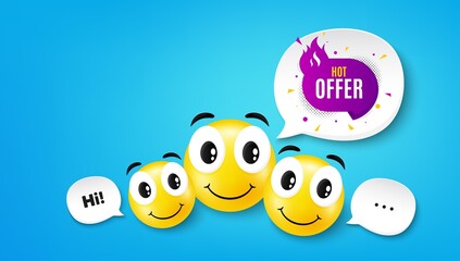 Hot offer banner. Smile face with speech bubble. Discount sticker shape. Coupon tag icon. Smile face character. Hot offer speech bubble icon. Chat background. Vector