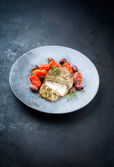 Modern style traditional Italian Ricotta al forno cake with barbecue tomatoes and Kalamata olives offered as top view on a design plate with copy space