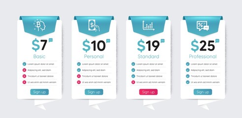 Included icon as Receive money, Discounts, Dot plot signs. Price table template, business plan chart. Finance icons set. Bitcoin think flat icons. Cash payment, Best offer, Presentation graph. Vector