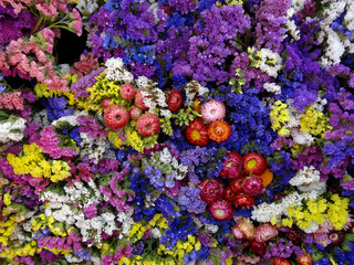 Statice flowers on a stall in Columbia Road Flower Market in London, England, UK. Statice also...