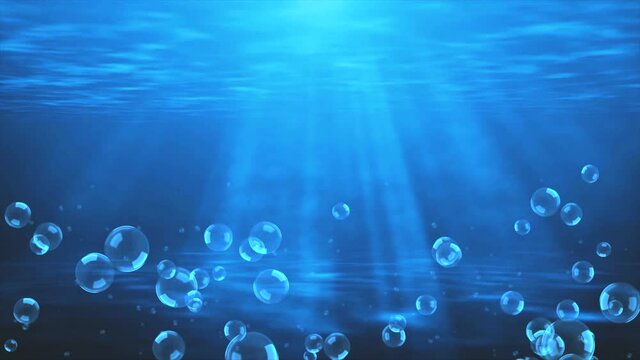 Sun light beams shining With air bubbles rising up to the surface 4K 3D Green Screen loop Animation. Crystal clear blue water lighting reflections curtain. Drink, Flow, Fresh, Ocean, Sea, Underwater.