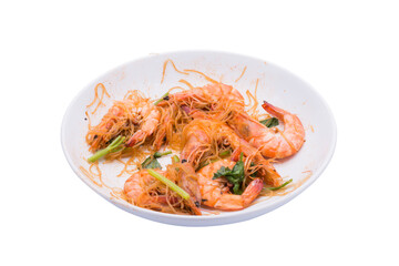 Food scraps and shrimp on the plate On a white background with Clipping Path.