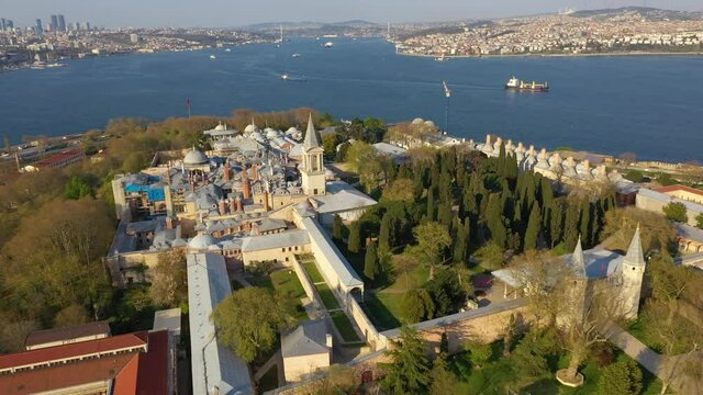 Aerial footage of Topkapi Palace, Istanbul on a sunny day with view of Bosphorus