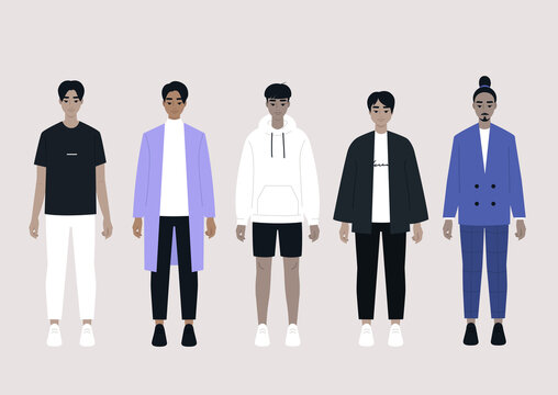 A set of Asian male characters wearing different outfits: casual, sport, business, elegant