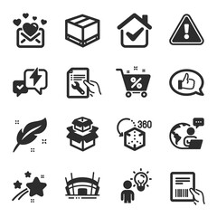 Set of Business icons, such as Augmented reality, Feather, Group people symbols. Feedback, Love mail, Lightning bolt signs. Loan percent, Delivery box, Packing boxes. Repair document. Vector
