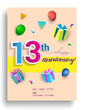 13th Years Anniversary invitation Design, with gift box and balloons, ribbon, Colorful Vector template elements for birthday celebration party.
